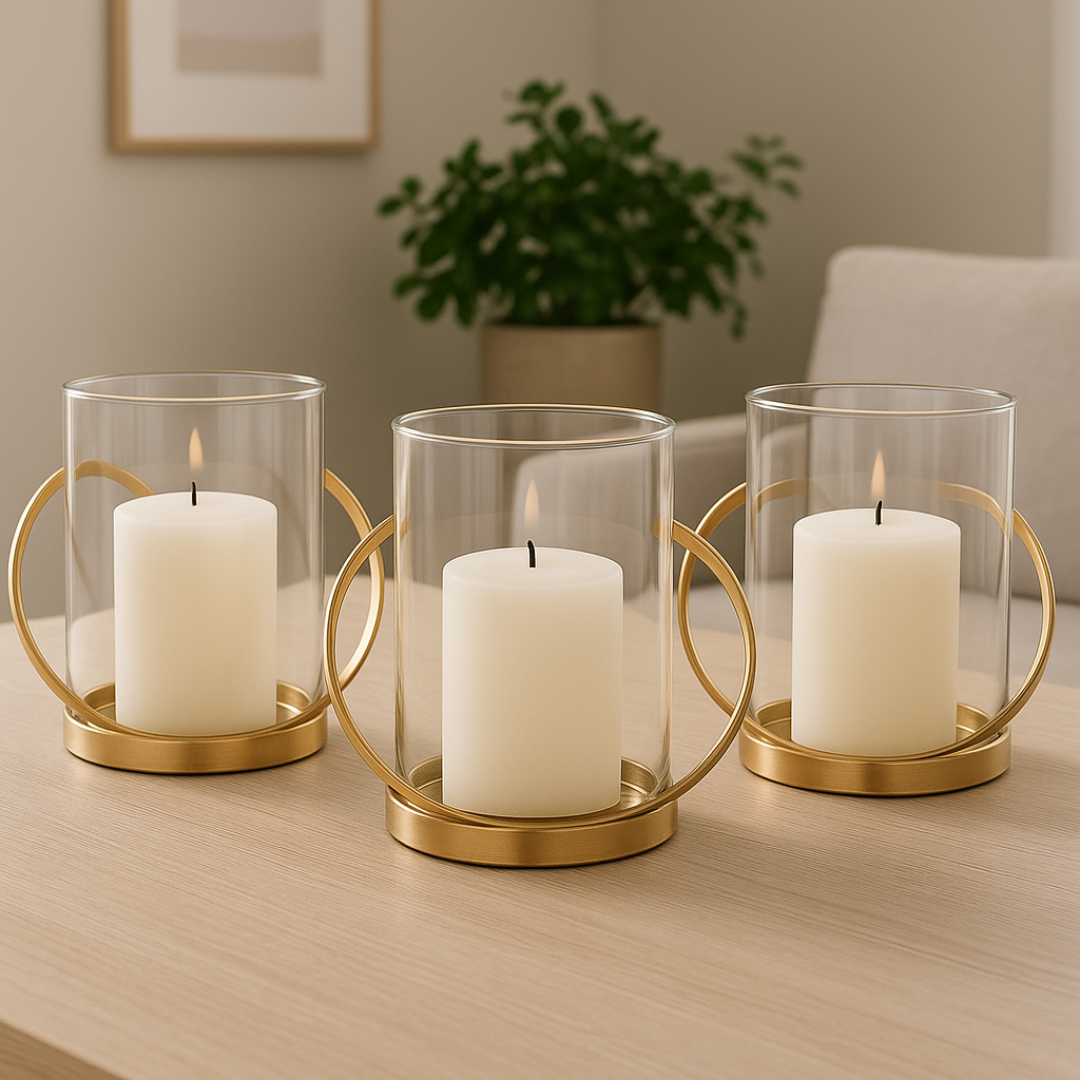 3-Piece Gold Metal & Glass Hurricane Candle Holder Set