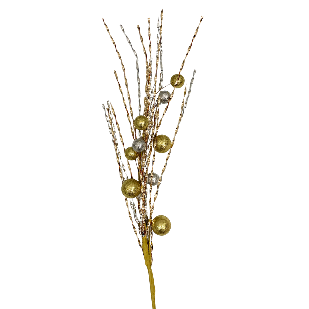 Pick decorativo dorado y plateado 80 cm con esferas metálicas