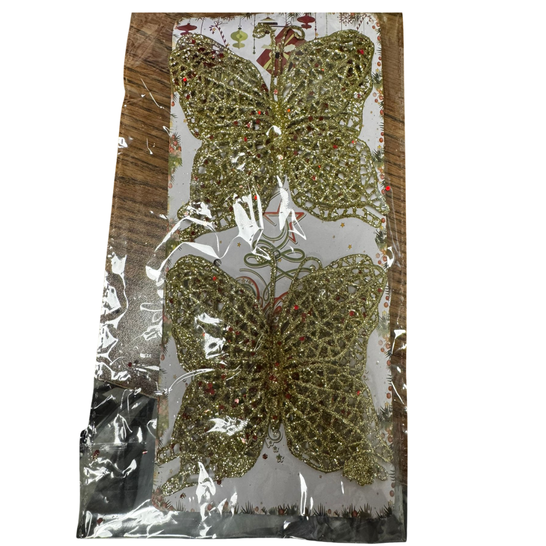 Set de 2 mariposas doradas con brillo para árbol de Navidad