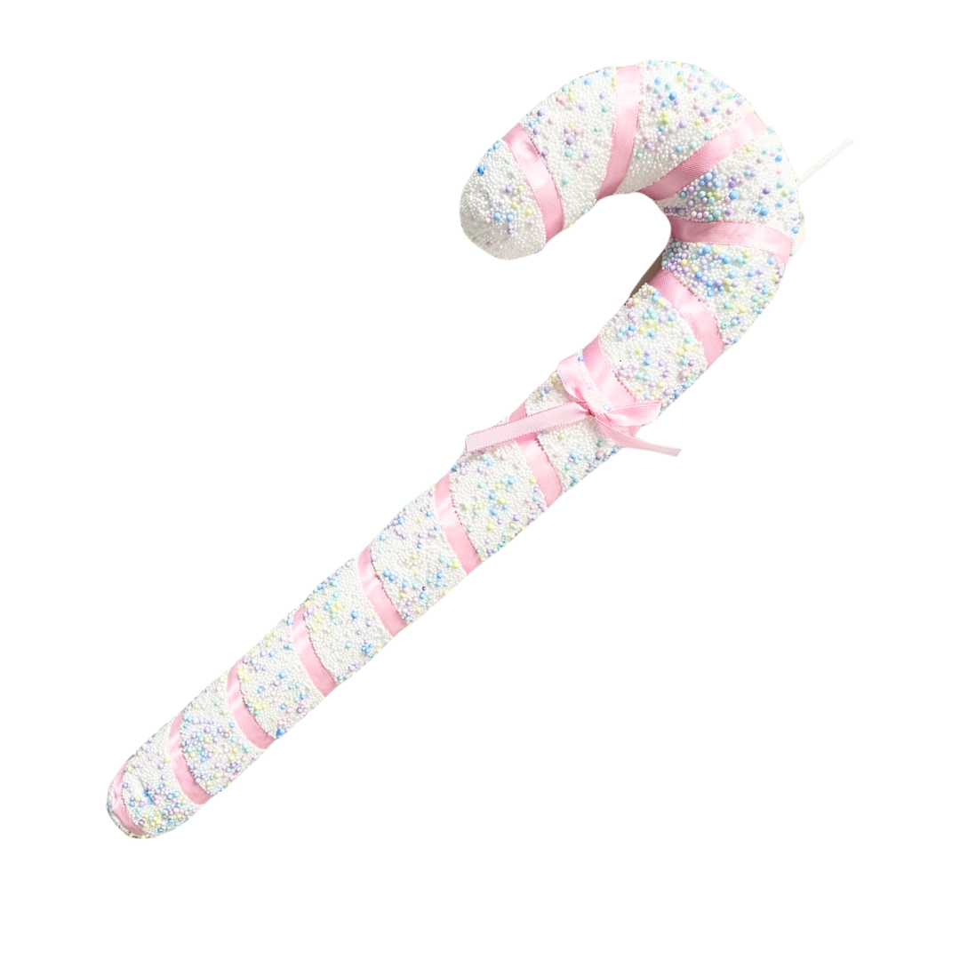 Adorno bastón de caramelo rosa 18x50cm con glitter