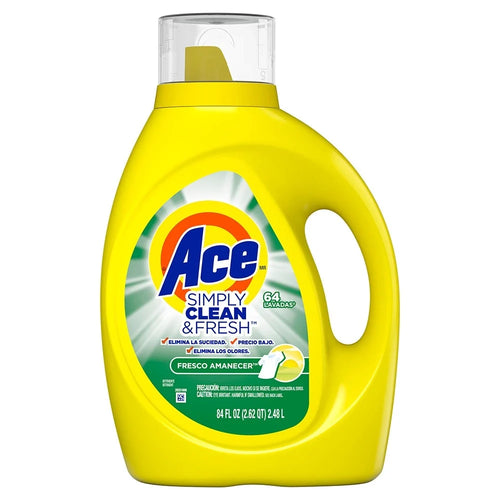 A bright yellow bottle of Ace Simply Clean & Fresh laundry detergent with a clear cap, shown on a plain white background.