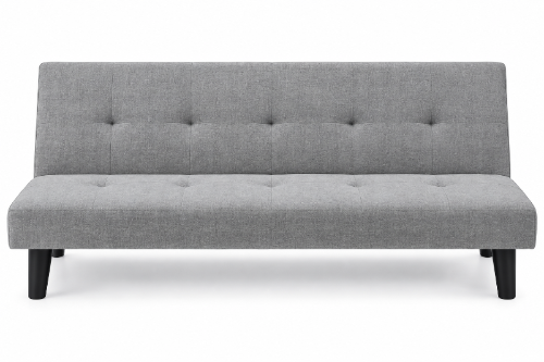 A modern gray fabric futon sofa with a tufted backrest and seat, supported by four black legs, shown against a plain white background.