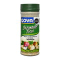 A 312g plastic bottle of Goya Sazonador Total (The Perfect Seasoning) with a green cap and a green, white, and blue label featuring garlic and onion illustrations.