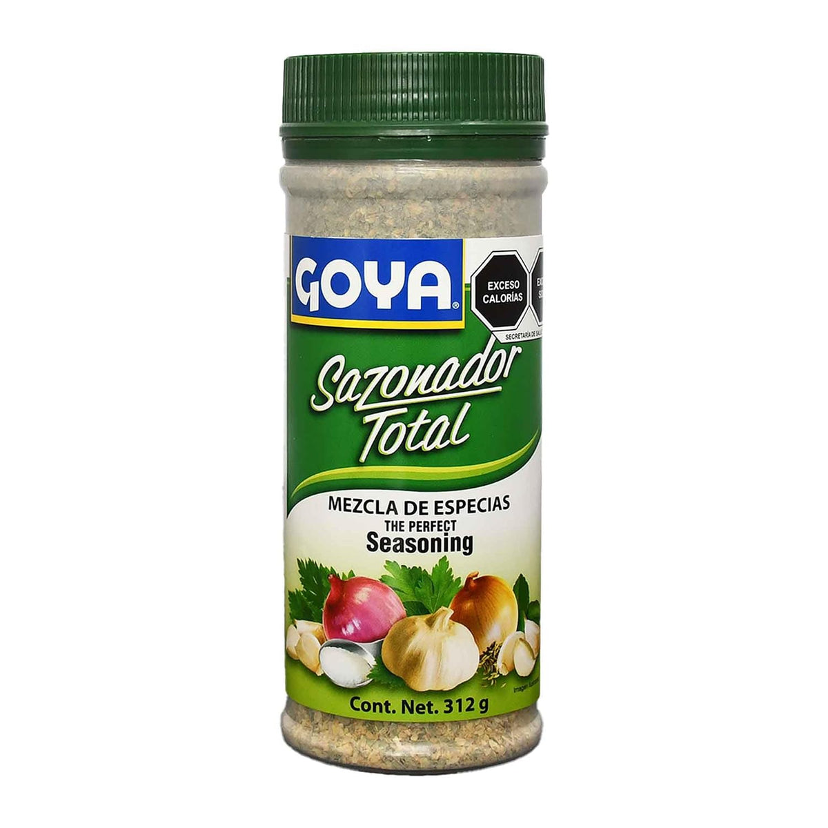 A 312g plastic bottle of Goya Sazonador Total (The Perfect Seasoning) with a green cap and a green, white, and blue label featuring garlic and onion illustrations.