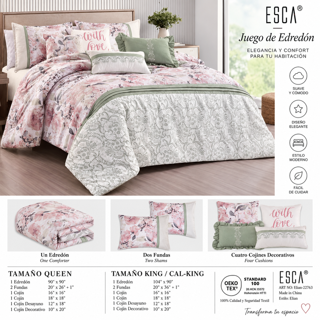 Juego de Edredón ESCA Elian – Queen – 7 Piezas – Floral Rosa y Verde