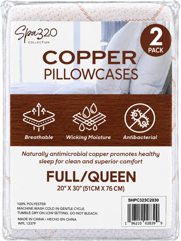 Spa320 Collection Copper Pillowcases 2-pack, Full/Queen size (20" x 30" / 51cm x 76cm), packaged in a clear plastic sleeve with a white and brown cardboard insert card.