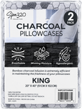 Pack of two Spa320 Collection Charcoal Pillowcases in King size, featuring a white and gray patterned design, shown in its retail packaging with product details and feature icons.