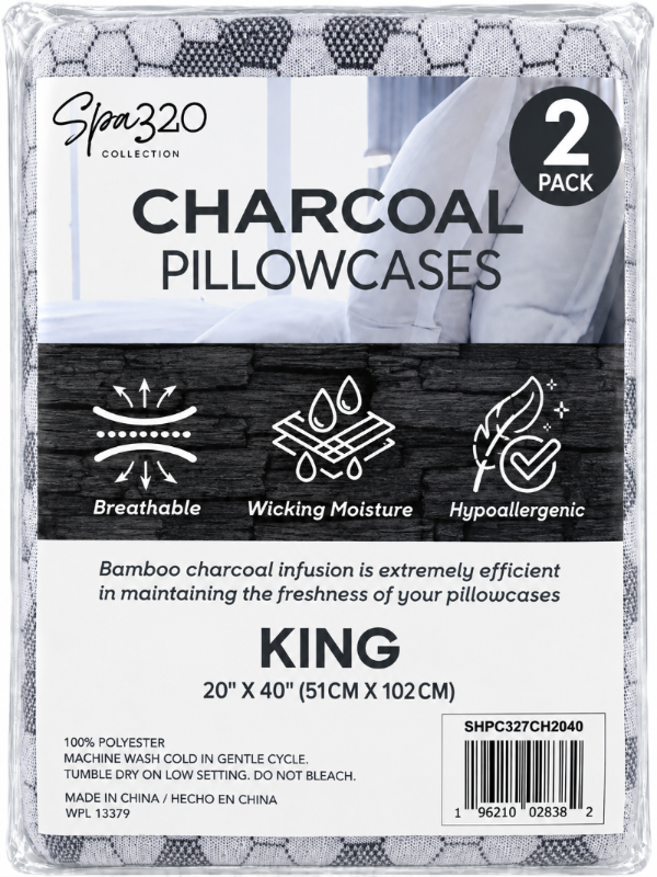 Pack of two Spa320 Collection Charcoal Pillowcases in King size, featuring a white and gray patterned design, shown in its retail packaging with product details and feature icons.