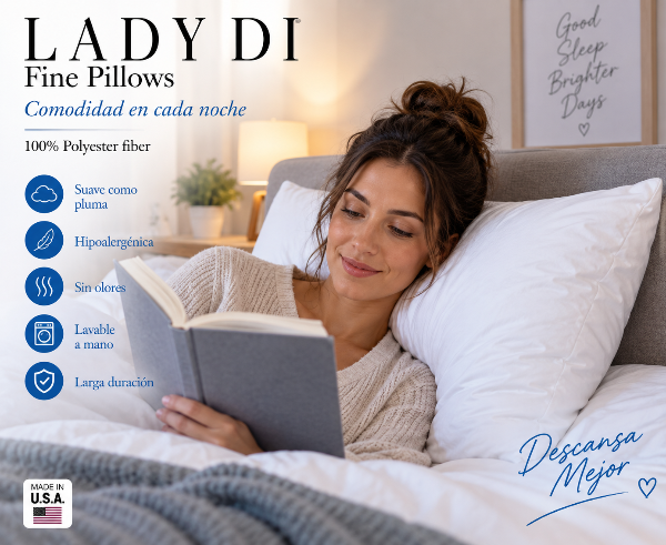 A woman relaxes in bed reading a book, surrounded by white pillows and bedding in a softly lit bedroom. Spanish text overlays describe 'Lady Di Fine Pillows' with features like softness, hypoallergenic properties, and washability.