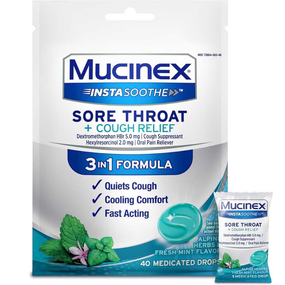Mucinex Instasooth Sore Throat + Cough Relief Fresh Mint Throat Drops (40ct)