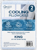 A packaged 2-pack of Spa320 Collection Cooling Pillowcases in King size. The product is shown in its clear plastic clamshell packaging with a printed insert card featuring blue and white graphics, product details, and feature icons for cooling comfort, wicking moisture, and breathability.