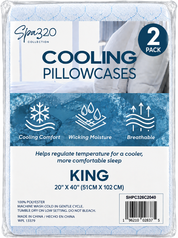 A packaged 2-pack of Spa320 Collection Cooling Pillowcases in King size. The product is shown in its clear plastic clamshell packaging with a printed insert card featuring blue and white graphics, product details, and feature icons for cooling comfort, wicking moisture, and breathability.