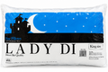 A packaged Lady Di Fine Pillows King Size 100% polyester fiber pillow, featuring a blue and black starry night sky graphic with a castle silhouette on the front of the white pillow bag.