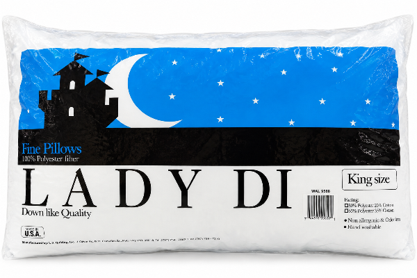 A packaged Lady Di Fine Pillows King Size 100% polyester fiber pillow, featuring a blue and black starry night sky graphic with a castle silhouette on the front of the white pillow bag.