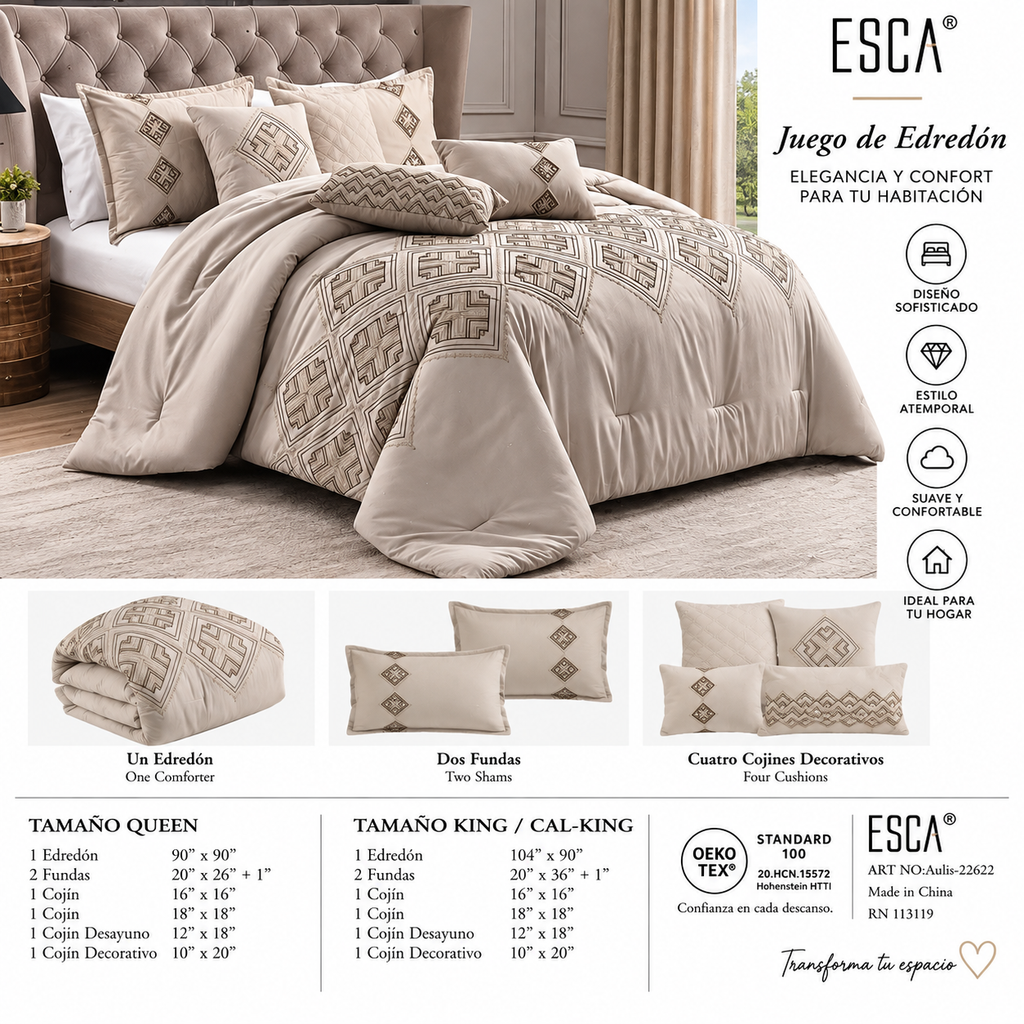 Juego de Edredón ESCA Aulis Queen 7 Piezas – Beige/Taupe