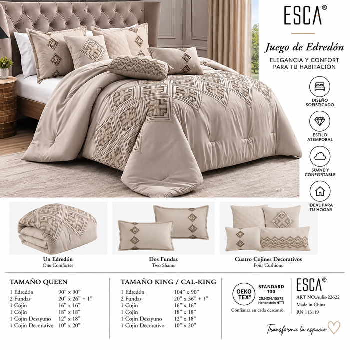 Juego de Edredón ESCA Aulis Queen 7 Piezas – Beige/Taupe