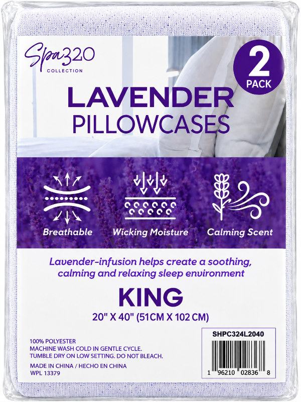 Spa320 Collection Lavender Pillowcases King size 2-pack in a clear plastic package with a white and purple label. The packaging features product details, care instructions, and a barcode.