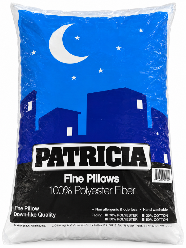 A large white plastic bag of Patricia Fine Pillows, 100% Polyester Fiber, featuring a blue and black graphic of a crescent moon over a city skyline.