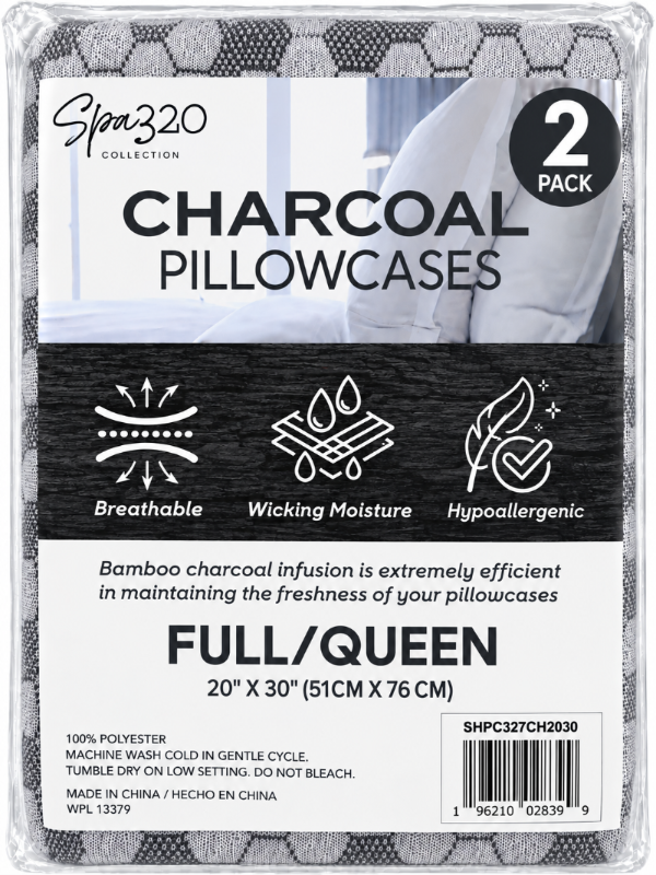Spa320 Collection Charcoal Pillowcases 2-pack, Full/Queen size, in clear plastic packaging with a white and black label showing product details and features.