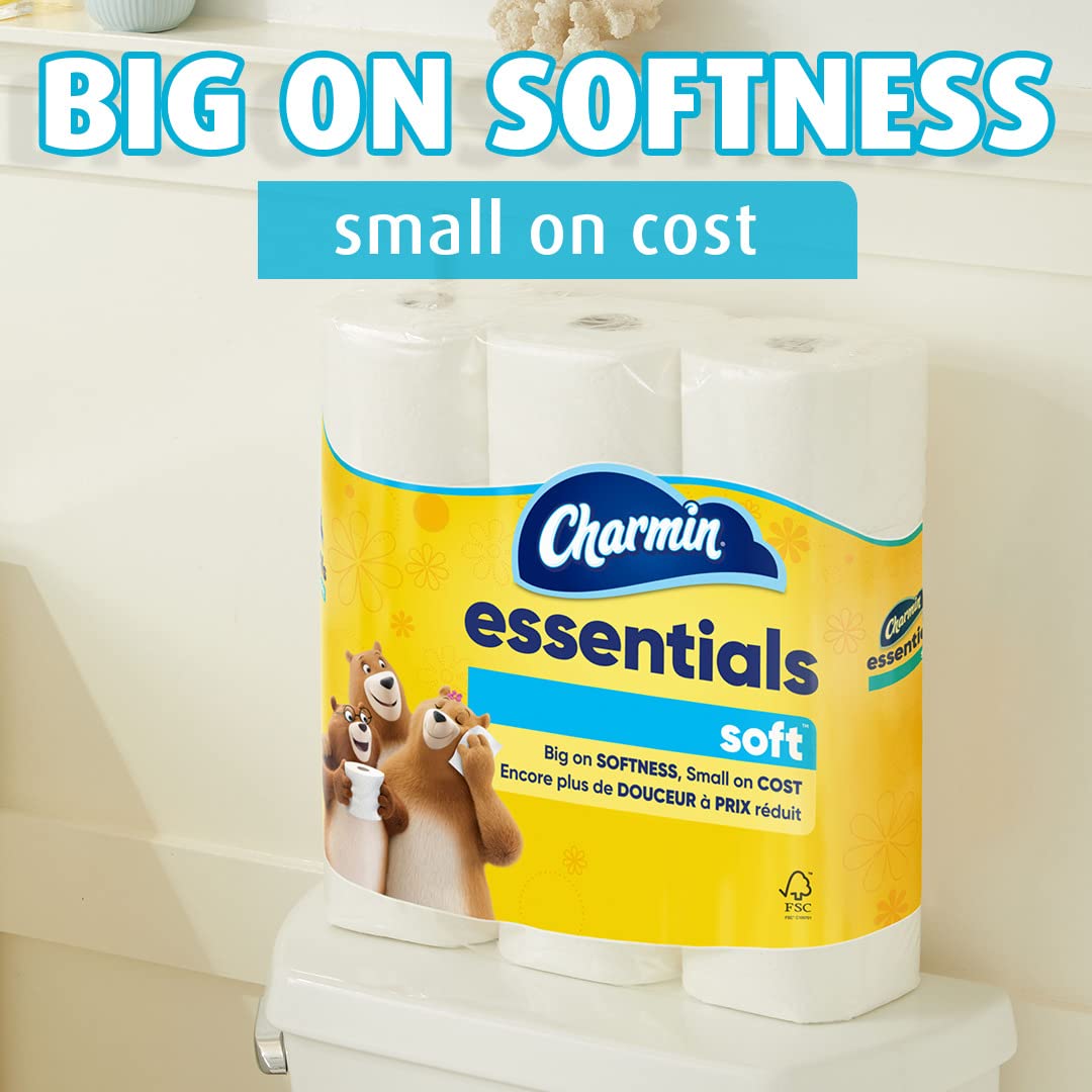 Charmin essentials soft toilet paper roll on a toilet with promotional text about softness and cost.