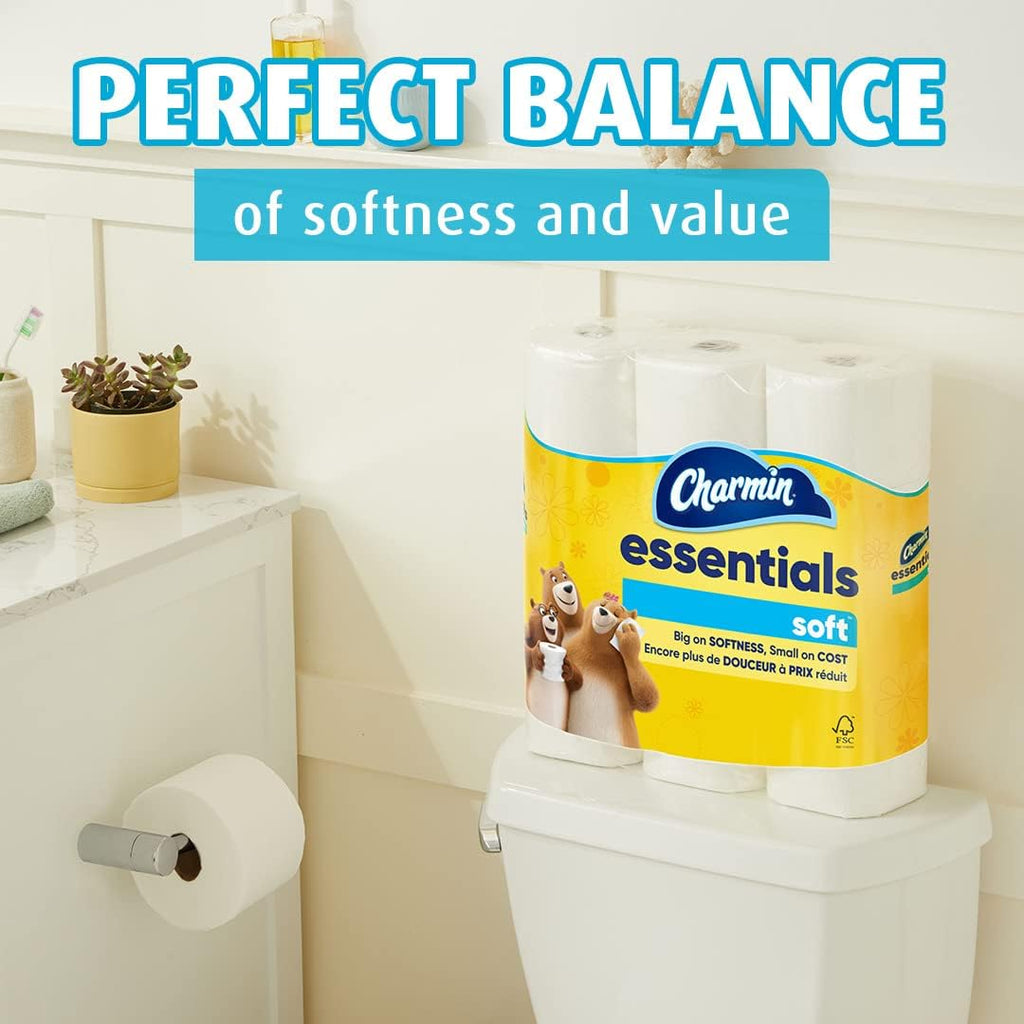 Charmin essentials toilet paper on a toilet with 'Perfect Balance of softness and value' text.
