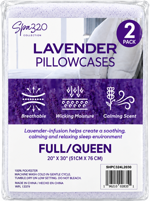 Spa320 Collection Lavender Pillowcases, 2-pack, Full/Queen size (20" x 30"). The product is packaged in a clear plastic sleeve with a white and purple cardboard insert card detailing the features and specifications.