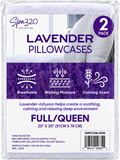 Spa320 Collection Lavender Pillowcases, 2-pack, Full/Queen size (20" x 30"). The product is packaged in a clear plastic sleeve with a white and purple cardboard insert card detailing the features and specifications.