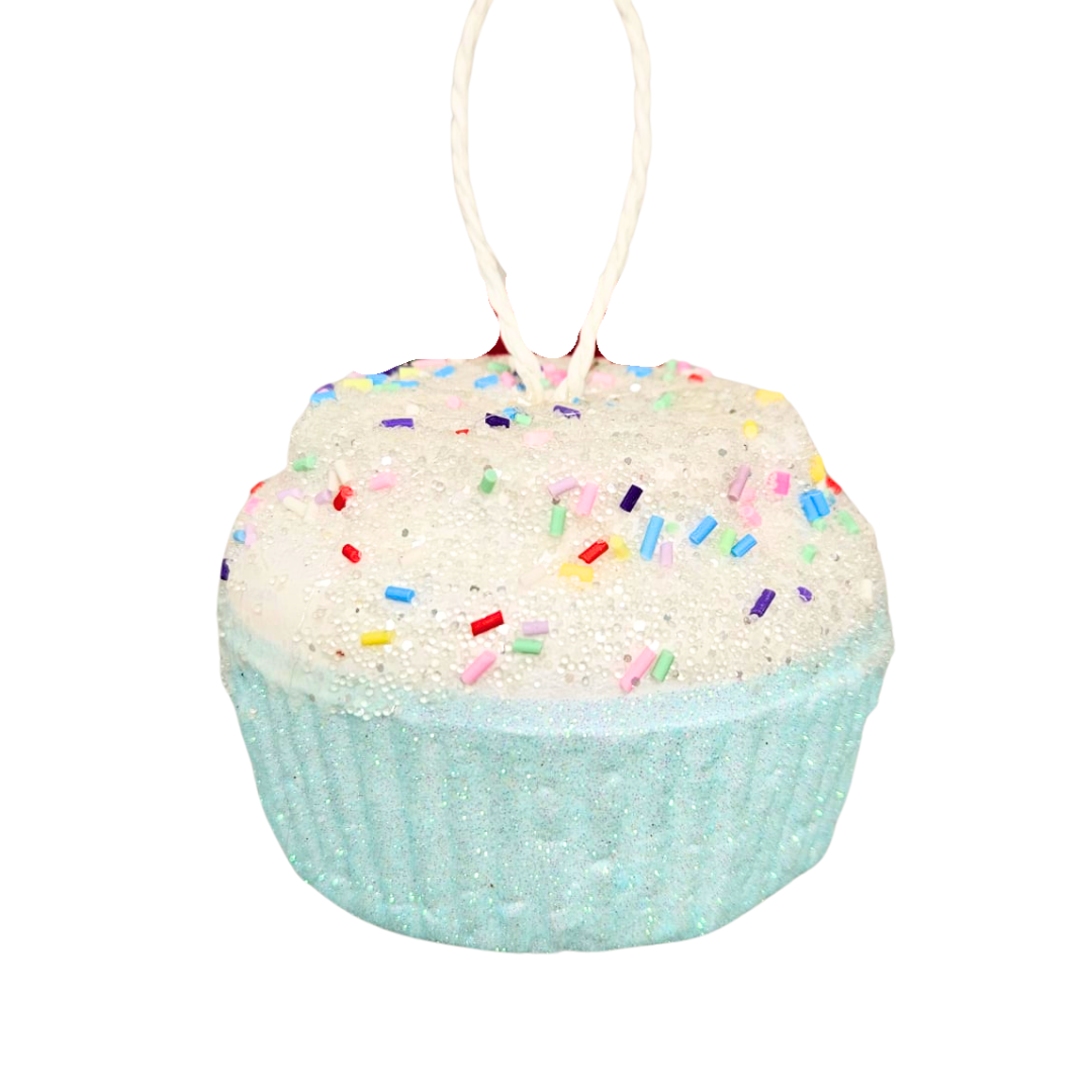 Adorno cupcake azul pastel con frosting y sprinkles 9x6 cm