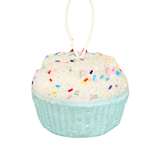 Adorno cupcake azul pastel con frosting y sprinkles 9x6 cm
