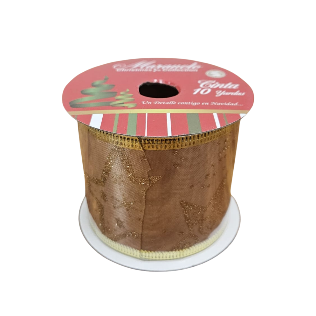 Cinta navideña dorada con estrellas 2.5in x 10yd