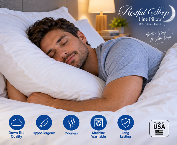 A man sleeping peacefully in bed on a white pillow, with promotional text for a 'Restful Sleep Fine Pillow' and feature icons along the bottom.