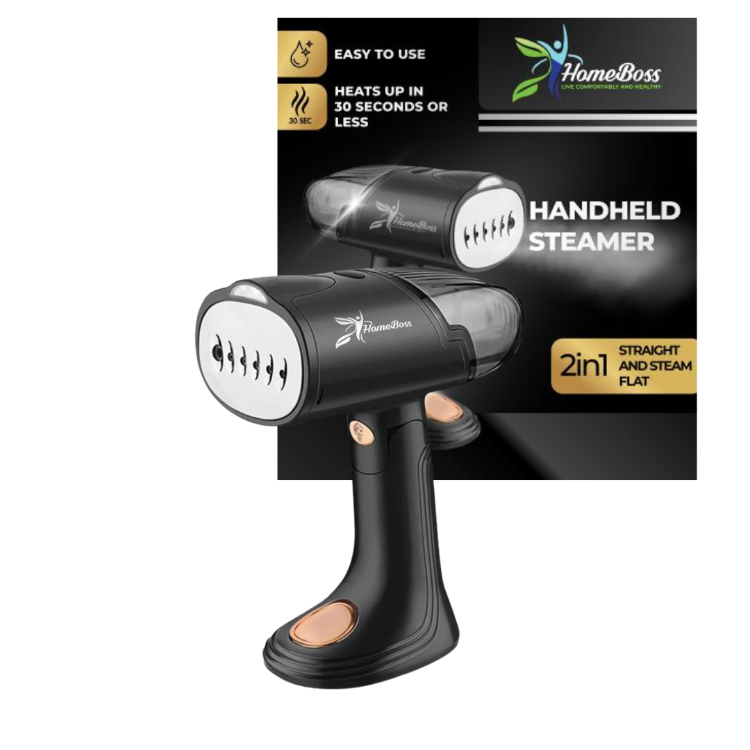 HomeBoss 2-in-1 portable garment steamer and steam iron in black and gold