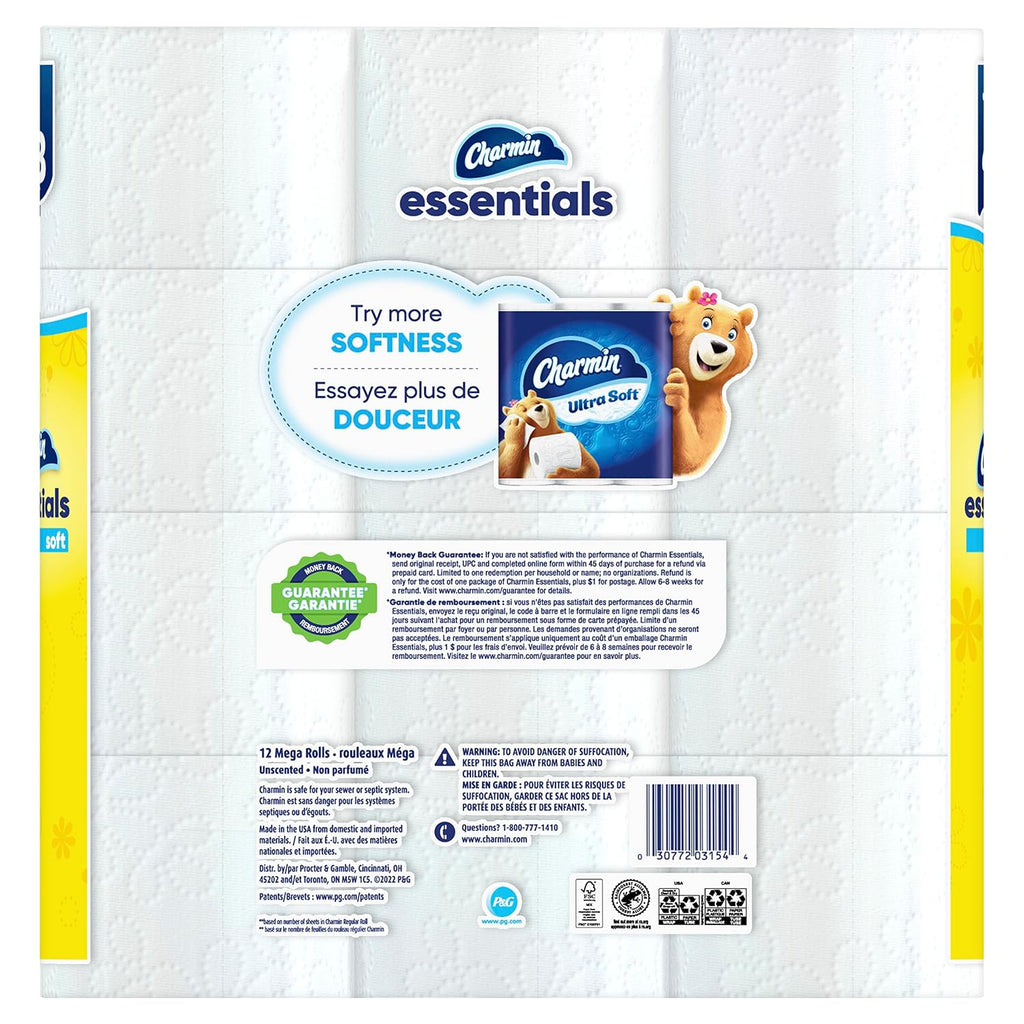 The back of a Charmin Essentials paper towel package, showing product information, a bear mascot graphic, and a barcode on a white background.