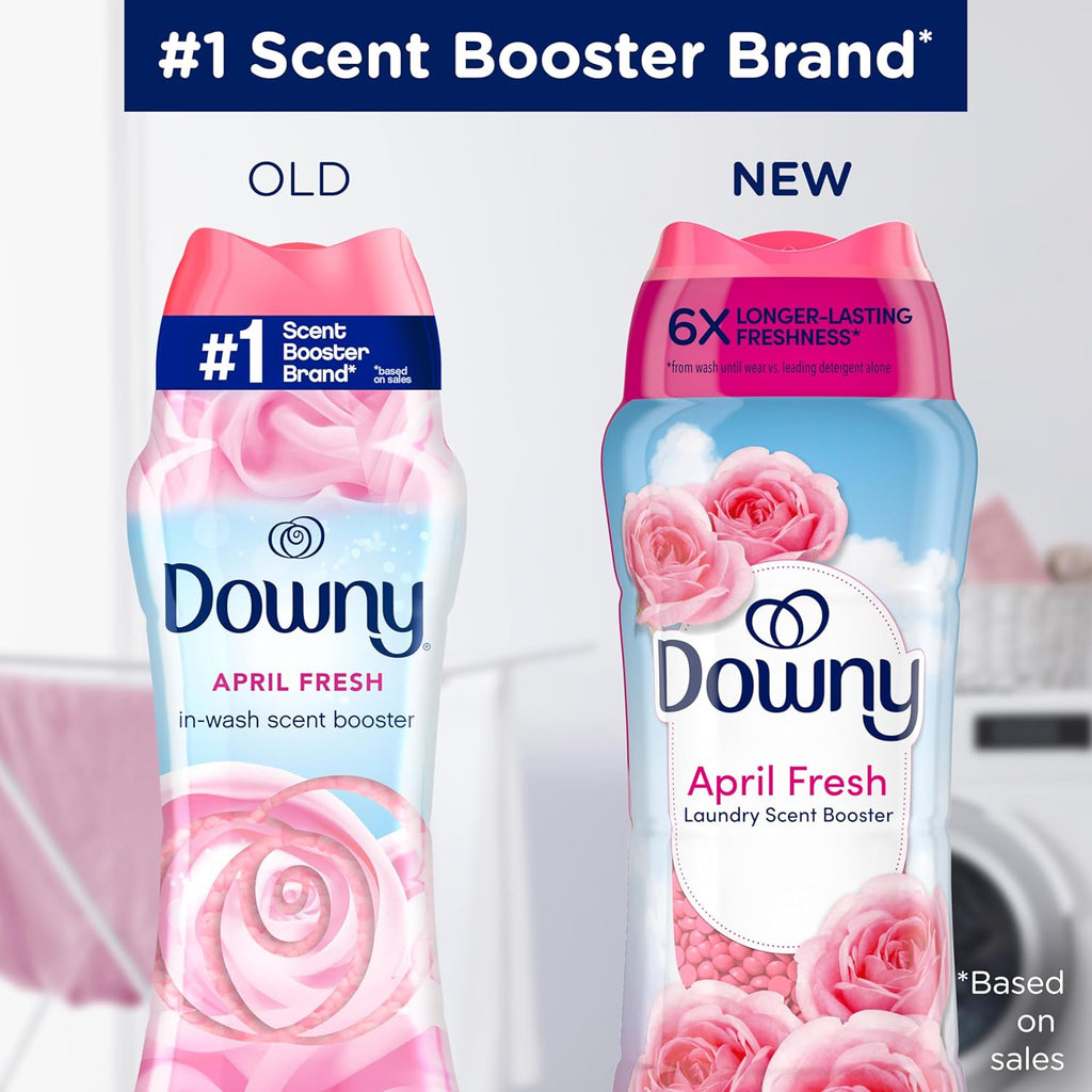 Two bottles of Downy April Fresh laundry scent booster with a focus on branding and product comparison.