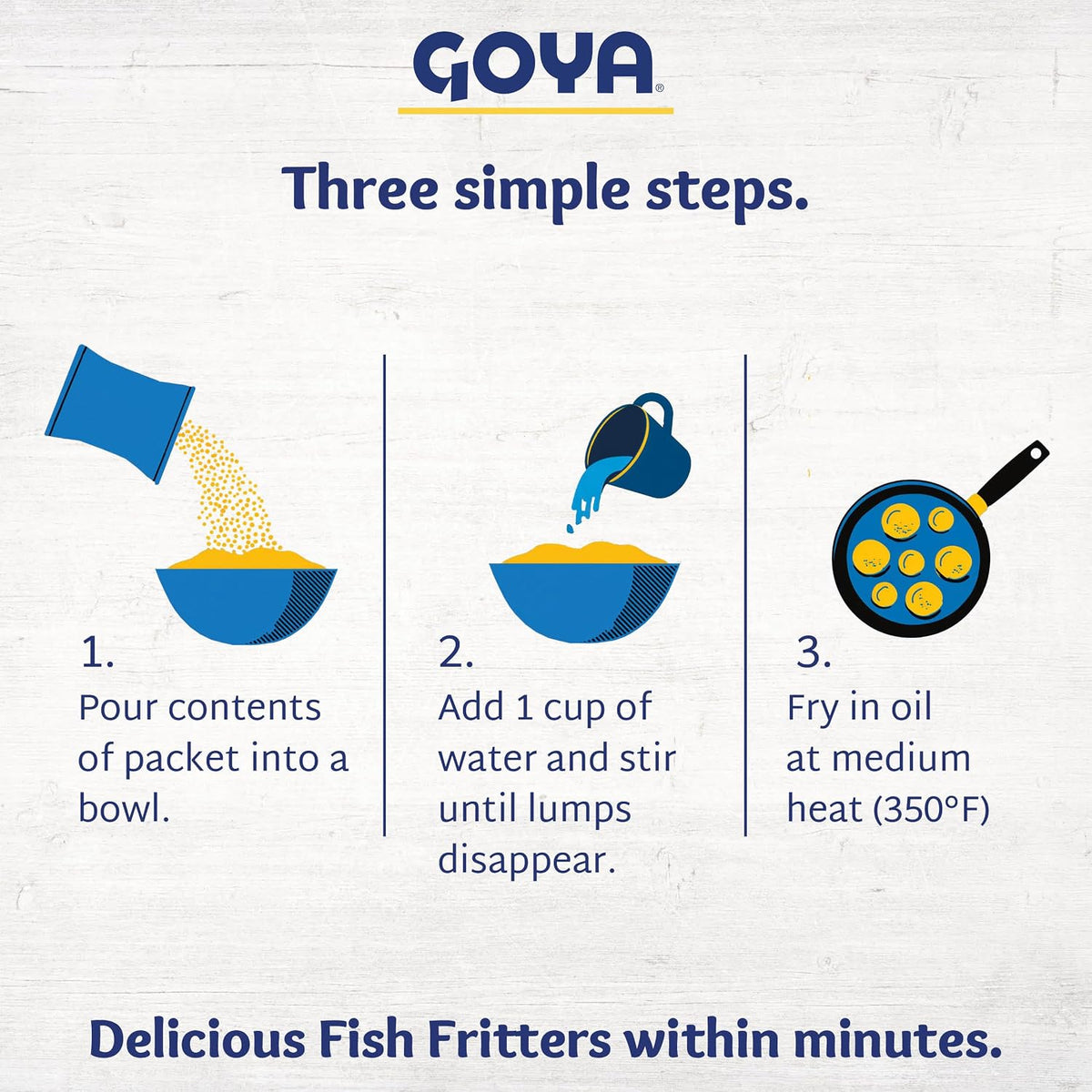 Goya Fish Fritters recipe steps on a white background