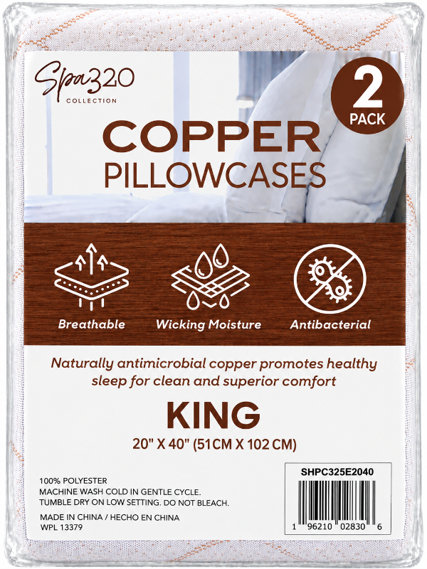 A packaged set of two copper pillowcases from the Spa320 Collection, labeled as King size (20" x 40" / 51cm x 102cm). The packaging features a white and brown design with product benefits icons for breathability, wicking moisture, and antibacterial properties.