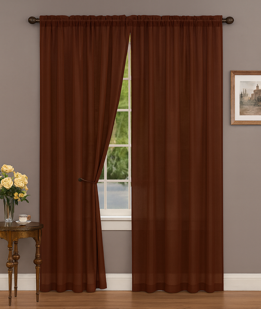 Linda Solid Voile Curtain Panel – Chocolate Brown, 55" x 84" (140cm x 213cm)