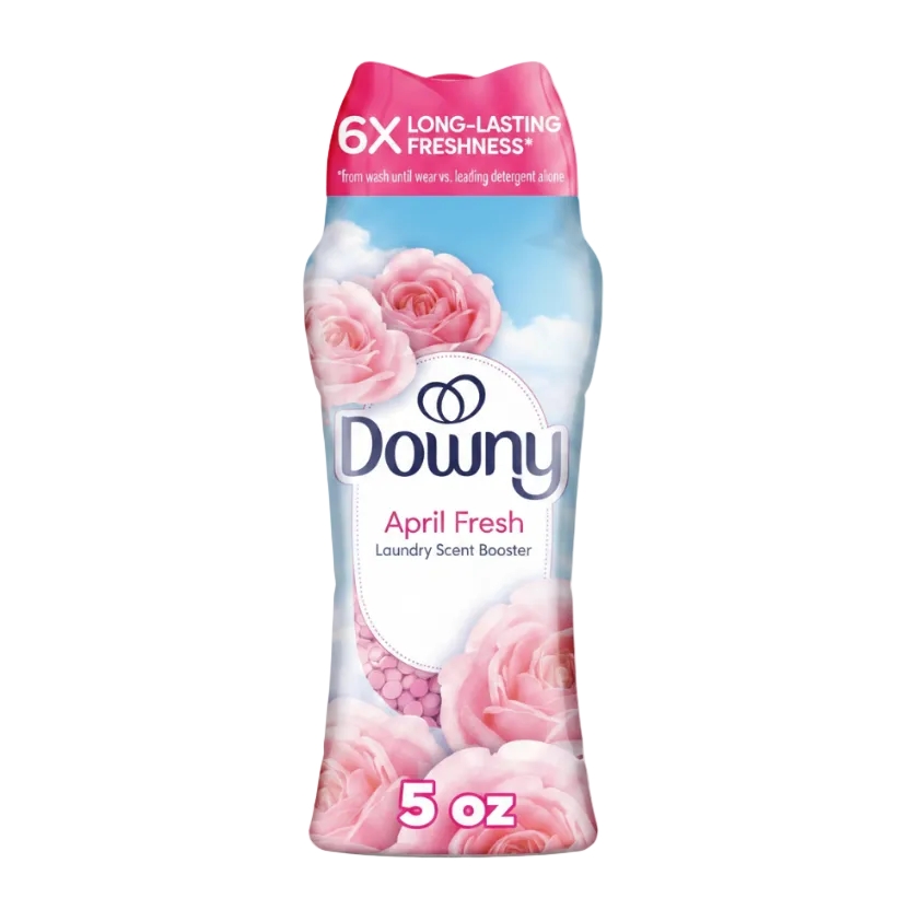 A bottle of Downy April Fresh laundry scent booster, 5 oz, featuring pink roses and clouds on a light blue background with a pink cap.