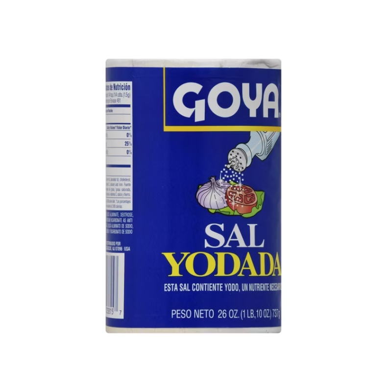 A can of  on a plain white background. The can features a deep blue label with the brand name 'GOYA' in white, 'SAL YODADA' in yellow, and an illustration of garlic, onion, and a piece of meat with salt being sprinkled over it.