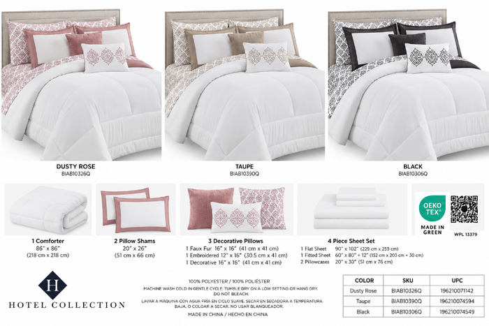 A bedding set catalog page showing three colorways of a hotel collection comforter set: Dusty Rose, Taupe, and Black. Each set is displayed with matching pillows, a flat sheet, and pillowcases, with dimensions and specifications listed below the product images.