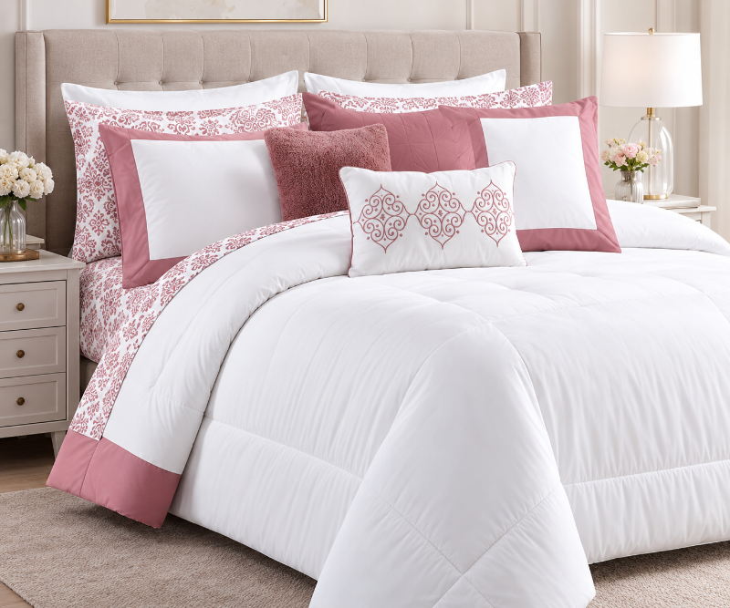 A neatly made bed in a bedroom setting, styled with a white comforter and matching shams, dusty pink pillows, and patterned accent pillows. The bed has a beige tufted headboard, with a matching nightstand, lamp, and flowers visible on either side.