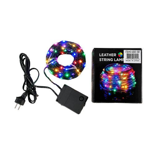 A coiled multicolor LED string light with a black power adapter and plug, shown next to its retail box on a plain white background.