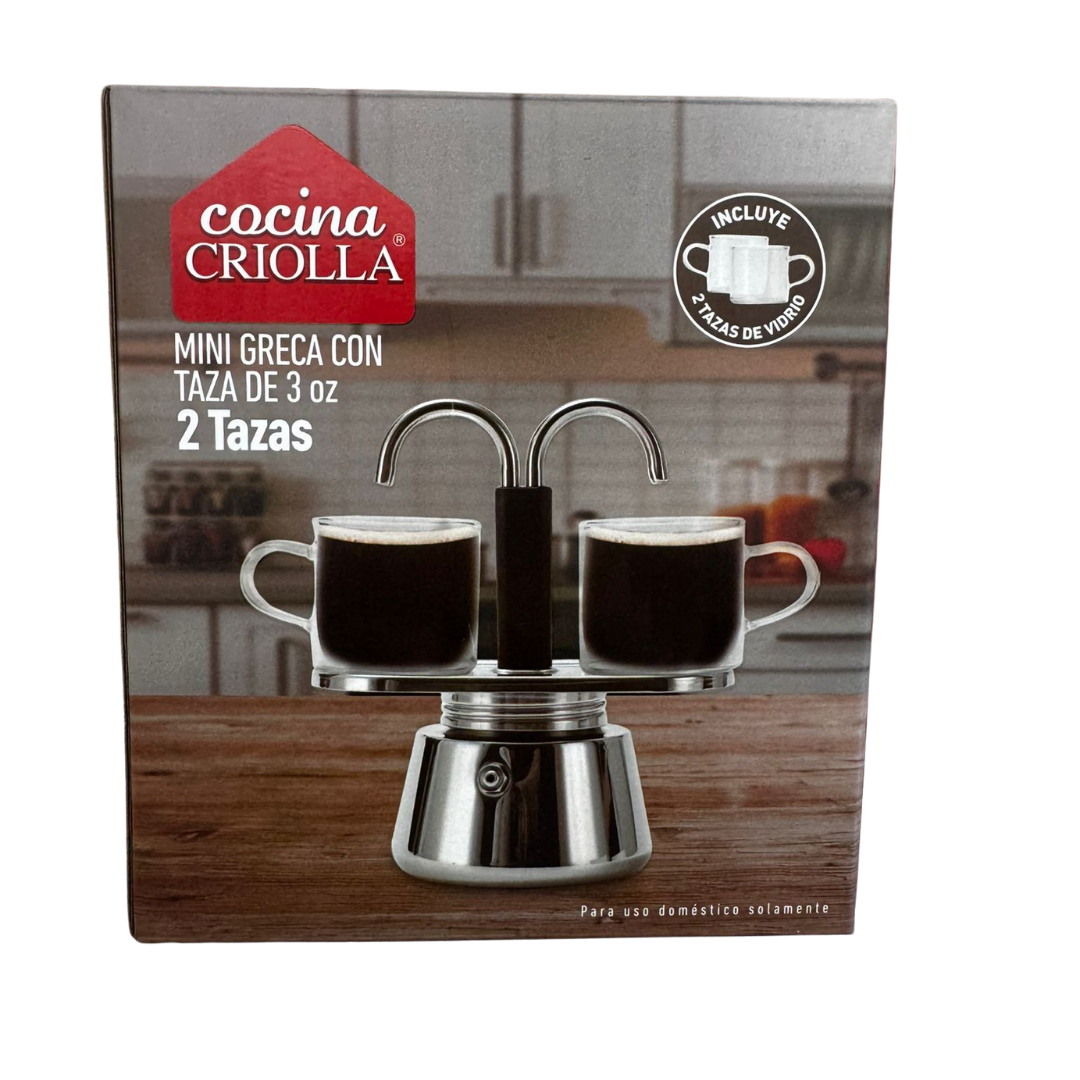Cocina Criolla Mini Greca with Glass Cups (2‑Cup, 3 oz)