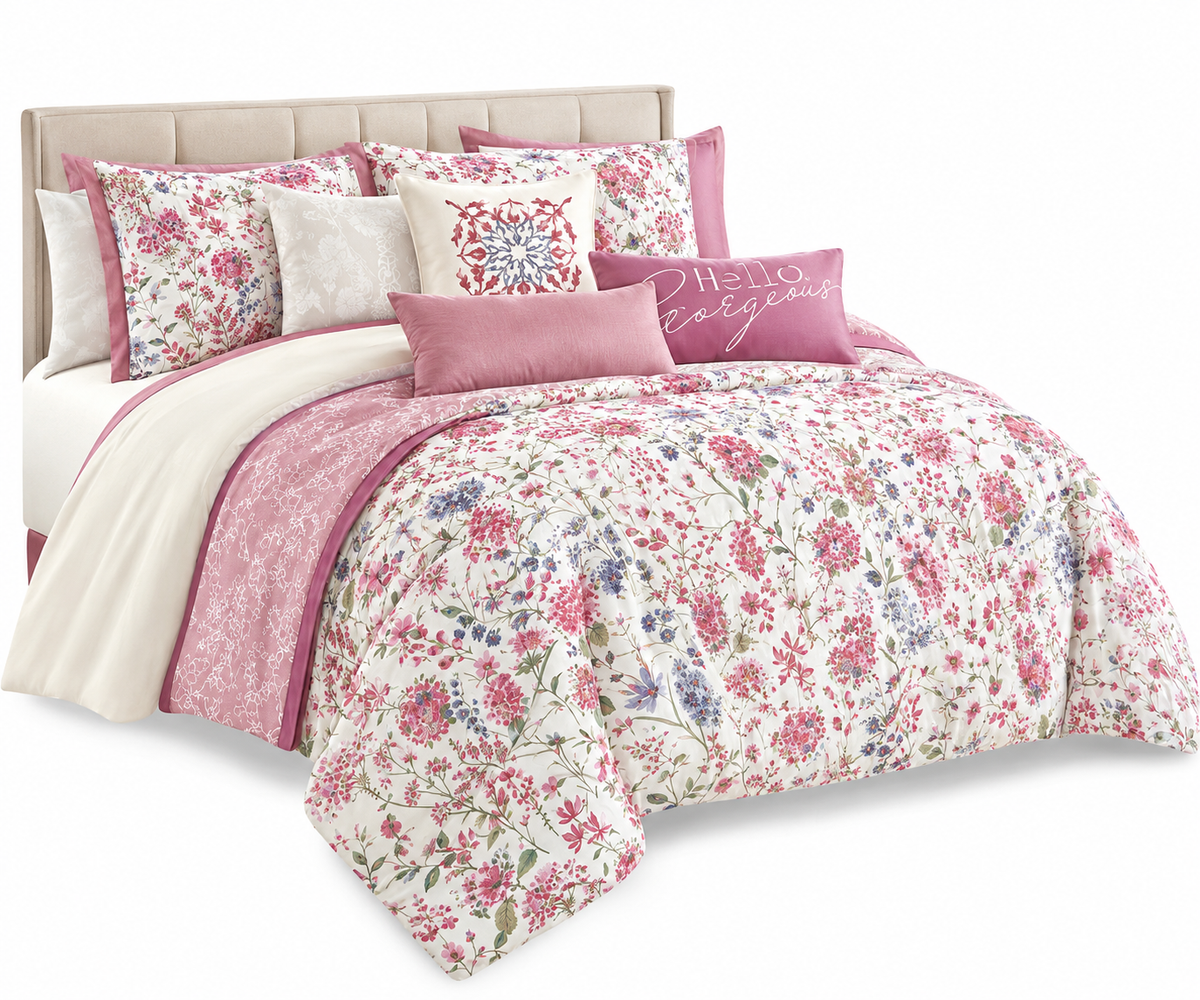 Juego de Edredón ESCA Hazel Queen 7 Piezas Floral Rosa