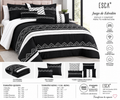 A bedding set displayed on a bed in a styled bedroom scene, with matching pillows, folded sheets, and inset product views plus Spanish text describing sizes and features. The bedding is predominantly black and white with geometric and chevron patterns.