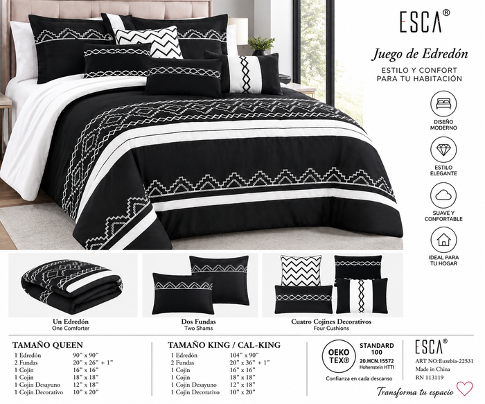 A bedding set displayed on a bed in a styled bedroom scene, with matching pillows, folded sheets, and inset product views plus Spanish text describing sizes and features. The bedding is predominantly black and white with geometric and chevron patterns.