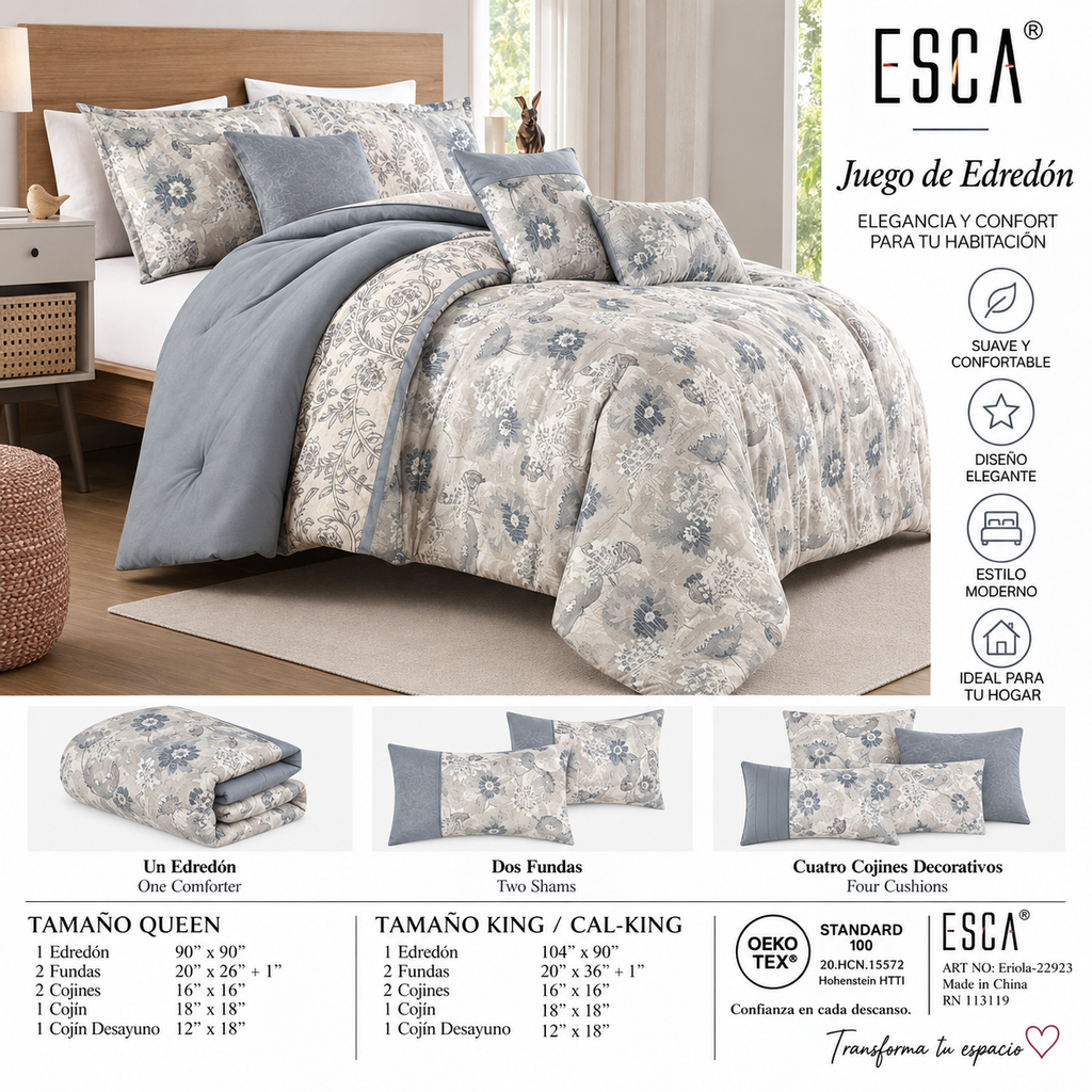 Juego de Edredón ESCA Eriola Queen 7 Piezas – Floral Azul y Beige