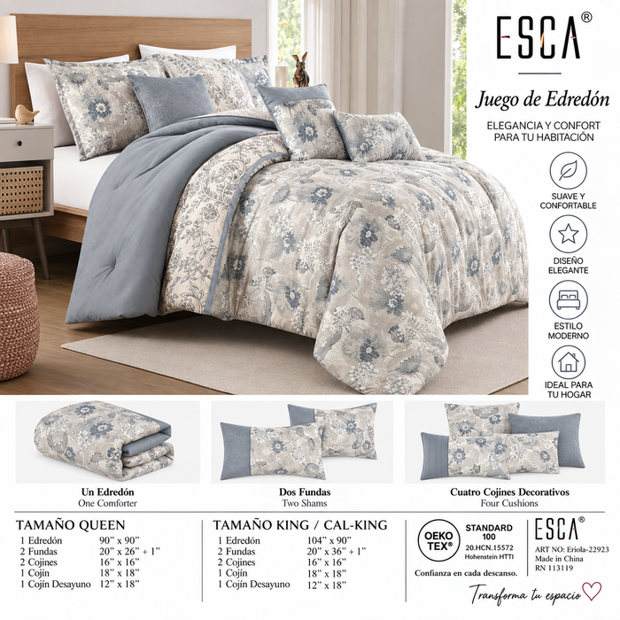 Juego de Edredón ESCA Eriola Queen 7 Piezas – Floral Azul y Beige