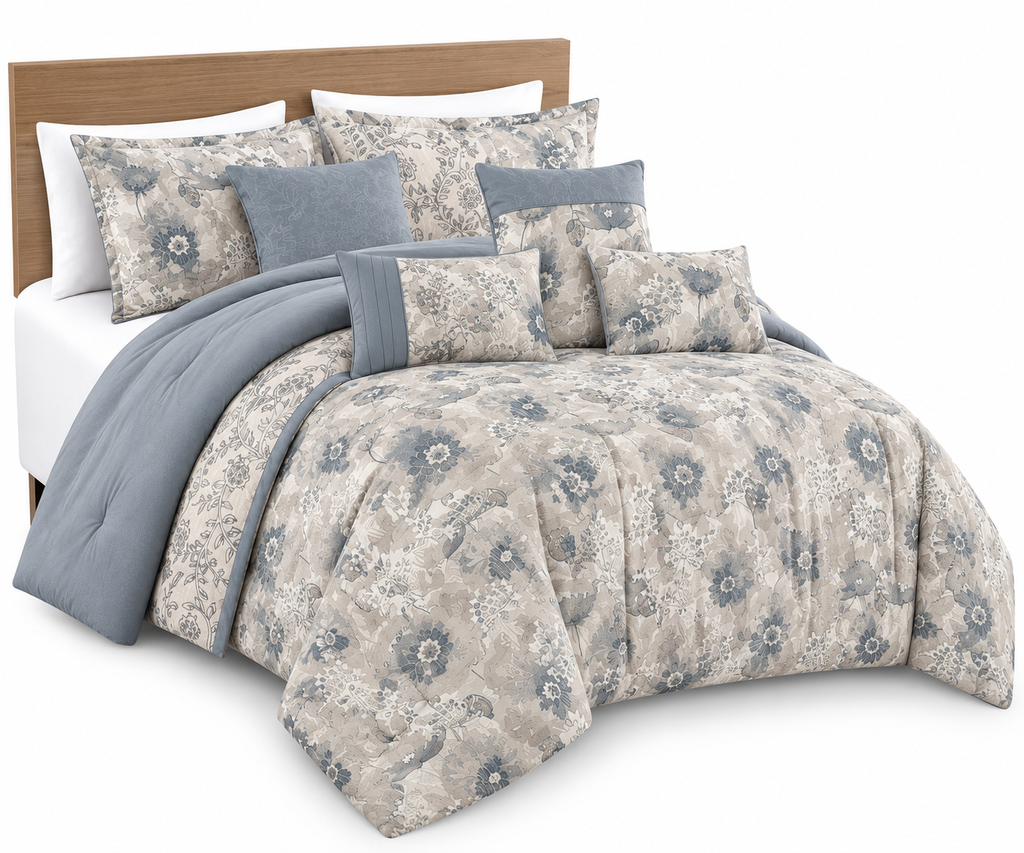 Juego de Edredón ESCA Eriola Queen 7 Piezas – Floral Azul y Beige