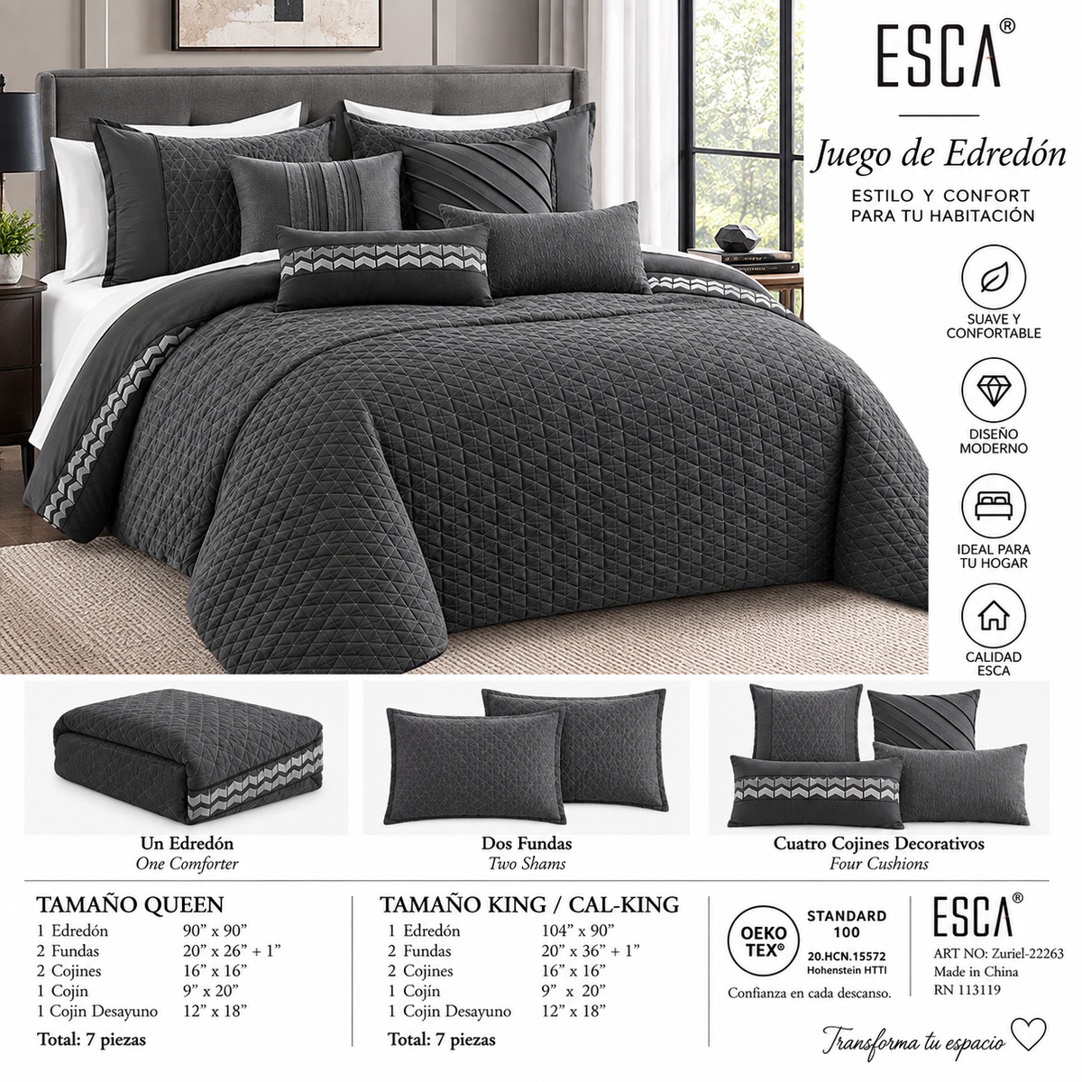 Juego de Edredón ESCA Zuriel Queen 7 Piezas – Gris Oscuro